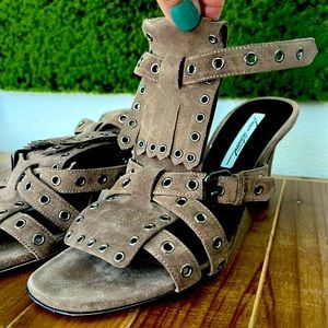 Brian Atwood, suede sandals, mink color